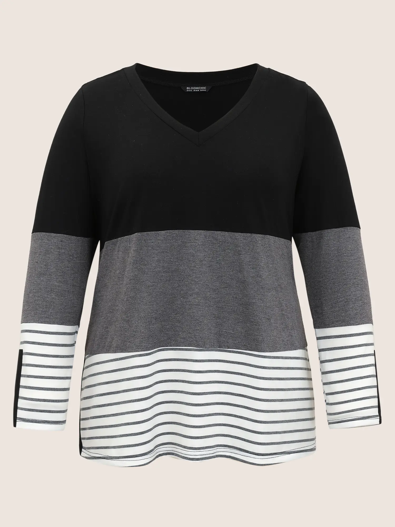 BLOOMCHIC Women's Plus Size Colorblock Contrast Striped V-Neck Spandex Long Sleeve T-Shirt - Casual Stretchy Streetwear Top, Regular Flattering Fit, M-6X, 2026 Summer Mothers' Day Pick, Womenswear Tops, Casual Comfy Stretchy, Garment