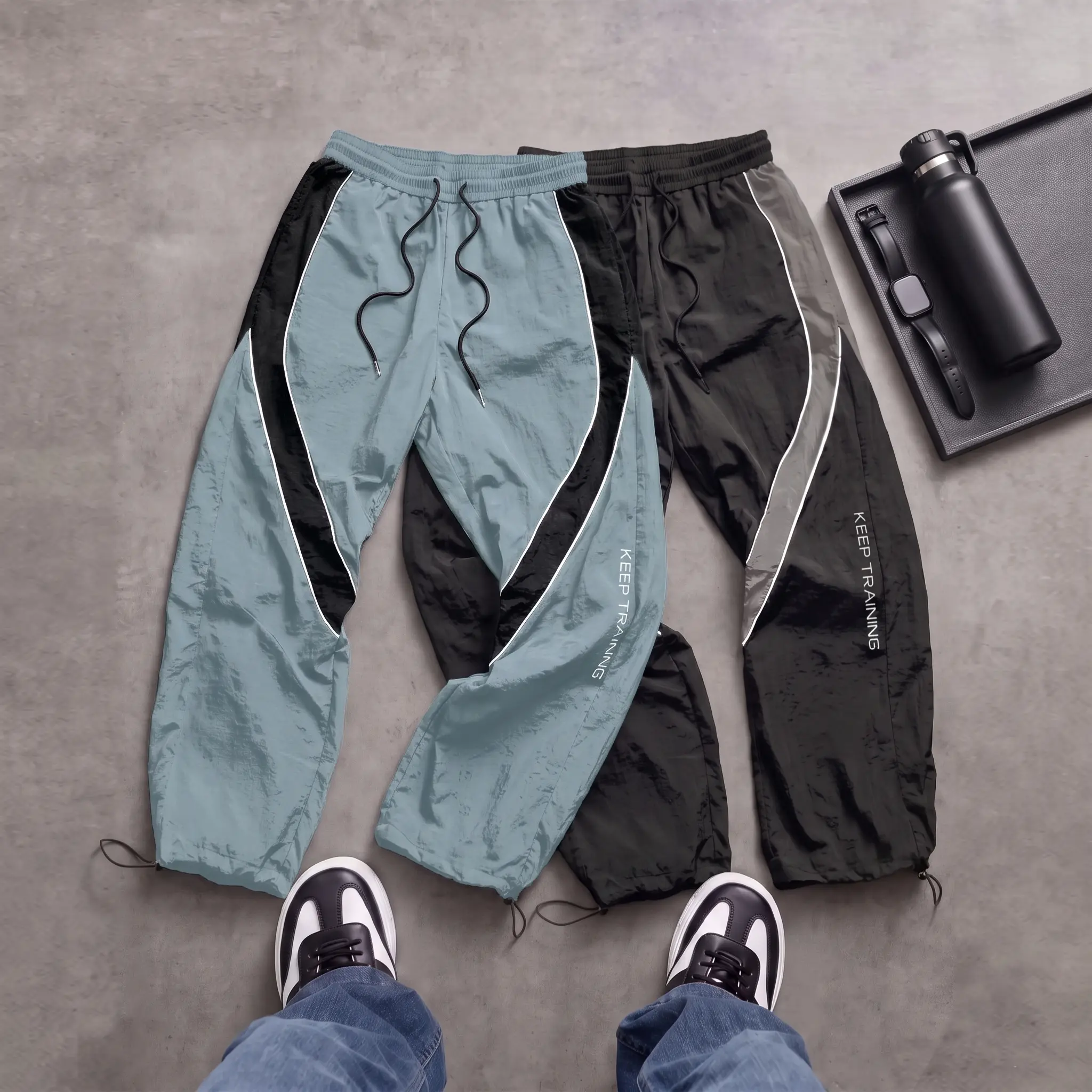 Men’s Polyester Quick-Dry Athletic Pants - Contrast Stripe, With Drawstring Cuffs, Breathable, Machine Washable, American Functional Style For Casual Running, Fitness, Long Pants, Fashion, Loose-Fitting, Male, Normal Type, Men's Pants