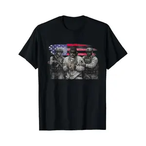 Men's Black TShirt Featuring American Flag and Military Personnel Graphic for Casual Style