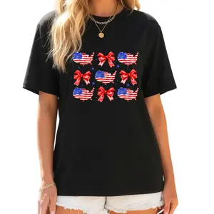 America Flag Tee, Pink Bow Coquette Graphic Tee Women, 4th of July Printed Women Tops, Retro America Shirt, Patriotic T-shirt, Comfy Oversized Graphic Tee, Gift For Independence Day, Tops For Women, Womenswear Cotton Fabric Comfort Chic Style