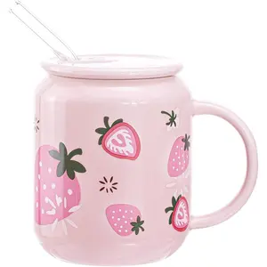 13oz Strawberry Pattern Porcelain Mug with Lid & Straw