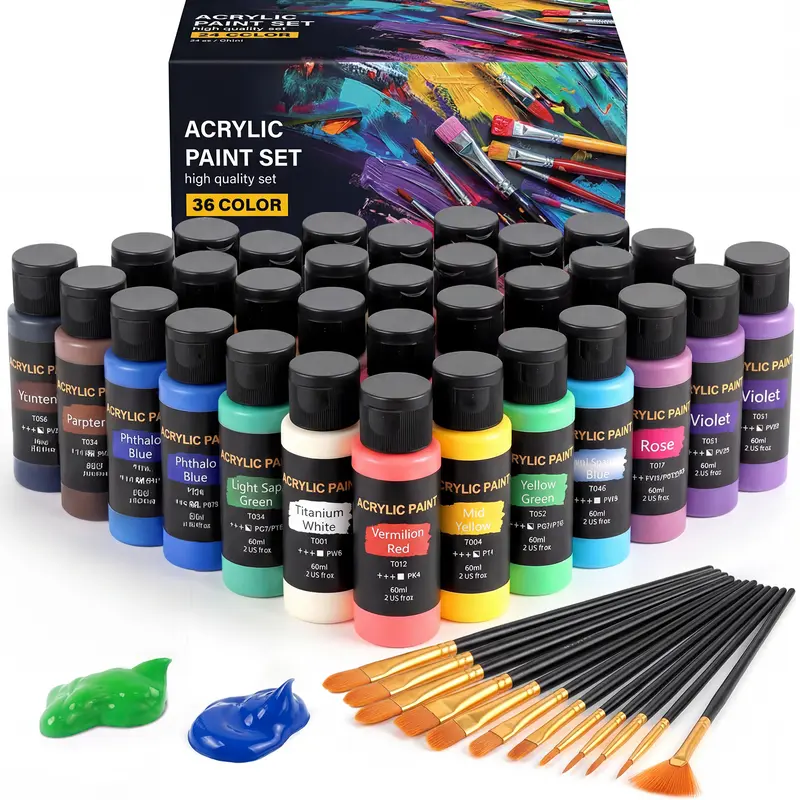 Acrylic Paint Set (2 oz/Bottles) with 12 Art Brushes, Premium Art Supplies for Canvas, Wood, Ceramic & Fabric, Rich Pigments for Beginners, Students & Professional Artists, #sohochic