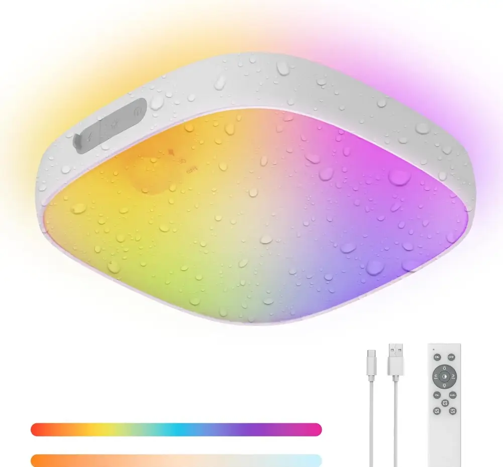 Shower Lights IP65 Waterproof, Motion Sensor Ceiling Light, Rechargeable Closet Light with 10000mAh Battery, LED Shower Lamp for Bathroom, Cordless Ceiling Lamp with RGB Colors, Remote Control