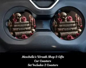 Dark Skull & Books Car Coasters - Upgrade Your Car Interior with Stylish and Functional Car Coasters
