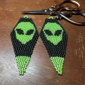 Alien Earrings - Med Length with Green Beads and Black Design, Unique Alien Face Shape