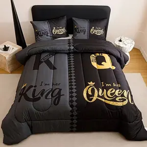 Black Grey Comforter Set 3pcs - Soft Breathable Quilted Bedding with Filling