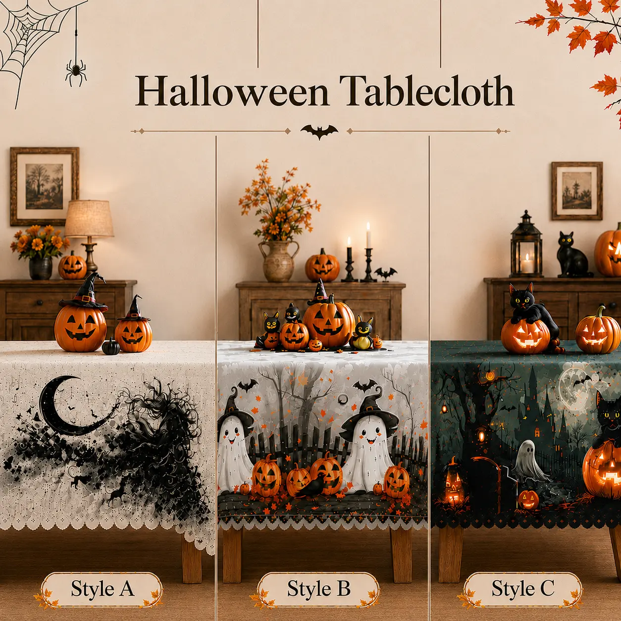 Halloween Tablecloth with Black Cats, Ghosts, Pumpkins, Bats and Moonlit Spooky Motifs, Haunted Night Theme, Round, Rectangular and Oval 60in Covers for Dining Rooms, Parties, Picnics and Trick-or-Treat Gatherings polyester, washable, clearance sale
