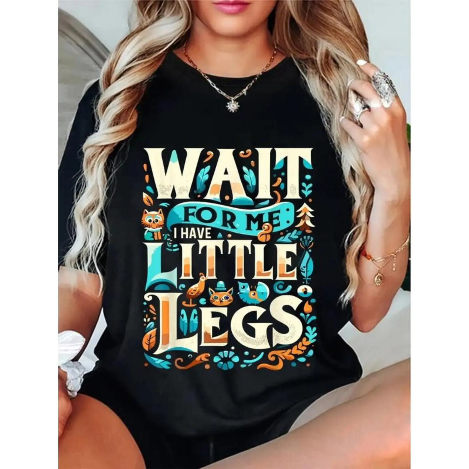 Women's Breathable Short-Sleeve Printed Cotton Fabric T-Shirt, Cozy Top for Short Guys with 'Wait For Me I Have Little Legs' Design