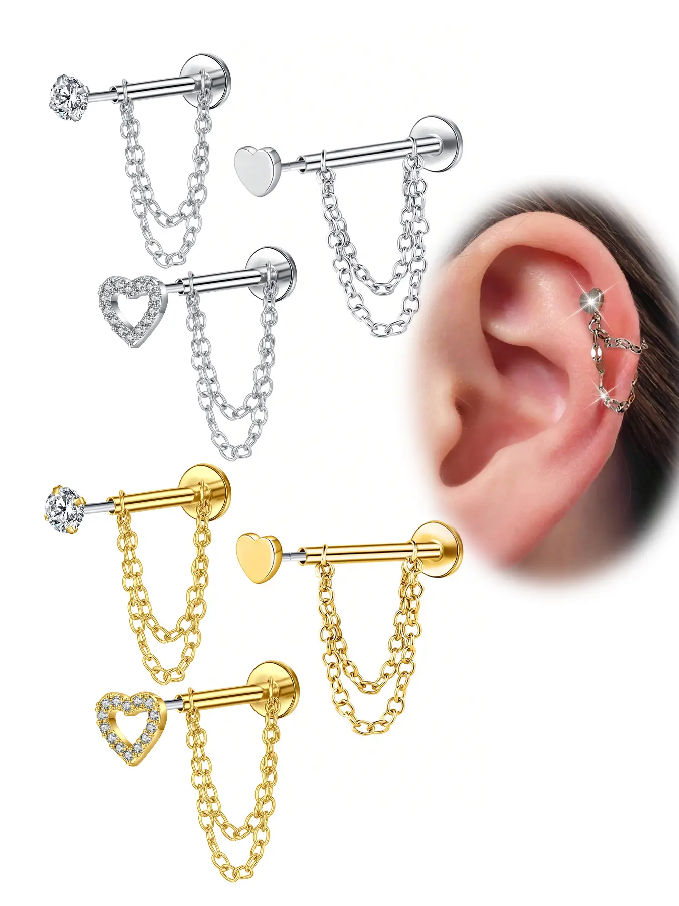 Stainless Steel Cz Cube Earrings, 20g Push-Back Studs, Heart Chain Design, Unisex Cartilage Ear Pins, Fashionable Jewelry Gift, Heart Shape Earrings