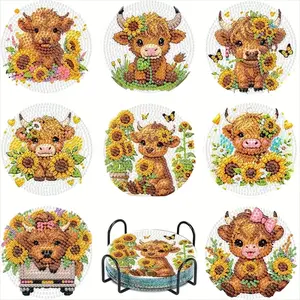 8-Piece Diamond Embroidery Coaster Set Animal Cow Pattern (with Stand), DIY Diamond Art Craft Kit for Beginners, Home Decoration Gift, Diamond Painting Kits