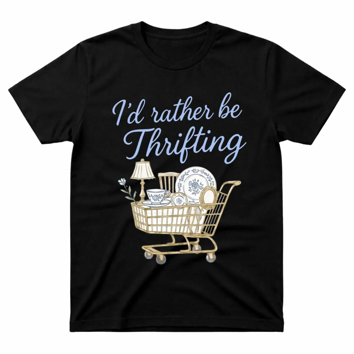 I’d Rather Be Thrifting Graphic T-Shirt, Vintage Style Shopping Cart Print Retro Tee, Funny Antique Lover Gift Shirt, Cottagecore Aesthetic Unisex Casual Black Top for Everyday Wear