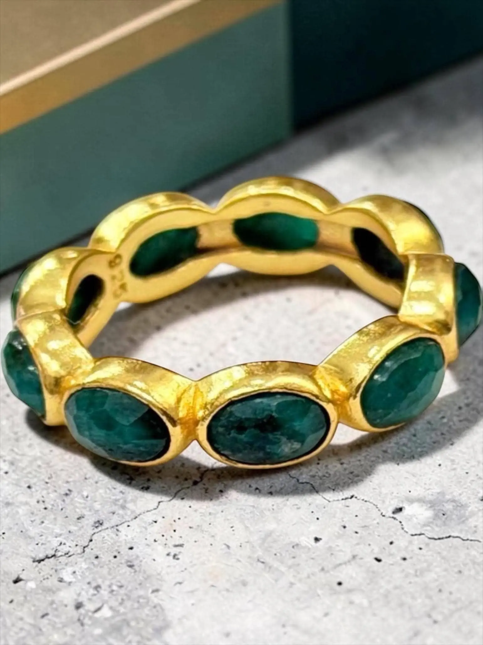 18K Gold Over Sterling Silver Emerald Band Ring Size 6 | 925 Stamped Green Gemstone Stackable Ring