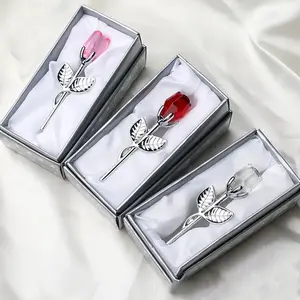 Crystal Glass Rose Flower Figurines Craft With Gift Box Valentine'S Day Favors Lovers' Gift Souvenir Home Wedding Decoration Rose-Infused Teddy Bear