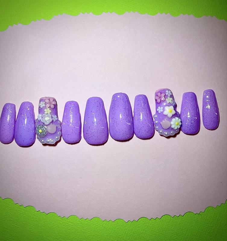 Real Handmade acrylic Nails - Removable Purple Color with Floral Design, Art for Women, Elegant and Trendy nail