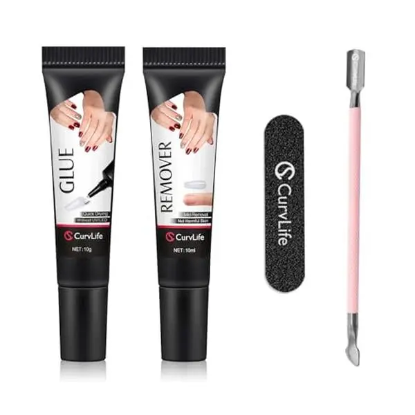 Curvlife Soft Quick Drying 10g Semi Solid Nail Glue with 10ml Remover with Cuticle Pusher Nail Art for Press On Nails Tips No Need for UV Lamp Long Lasting