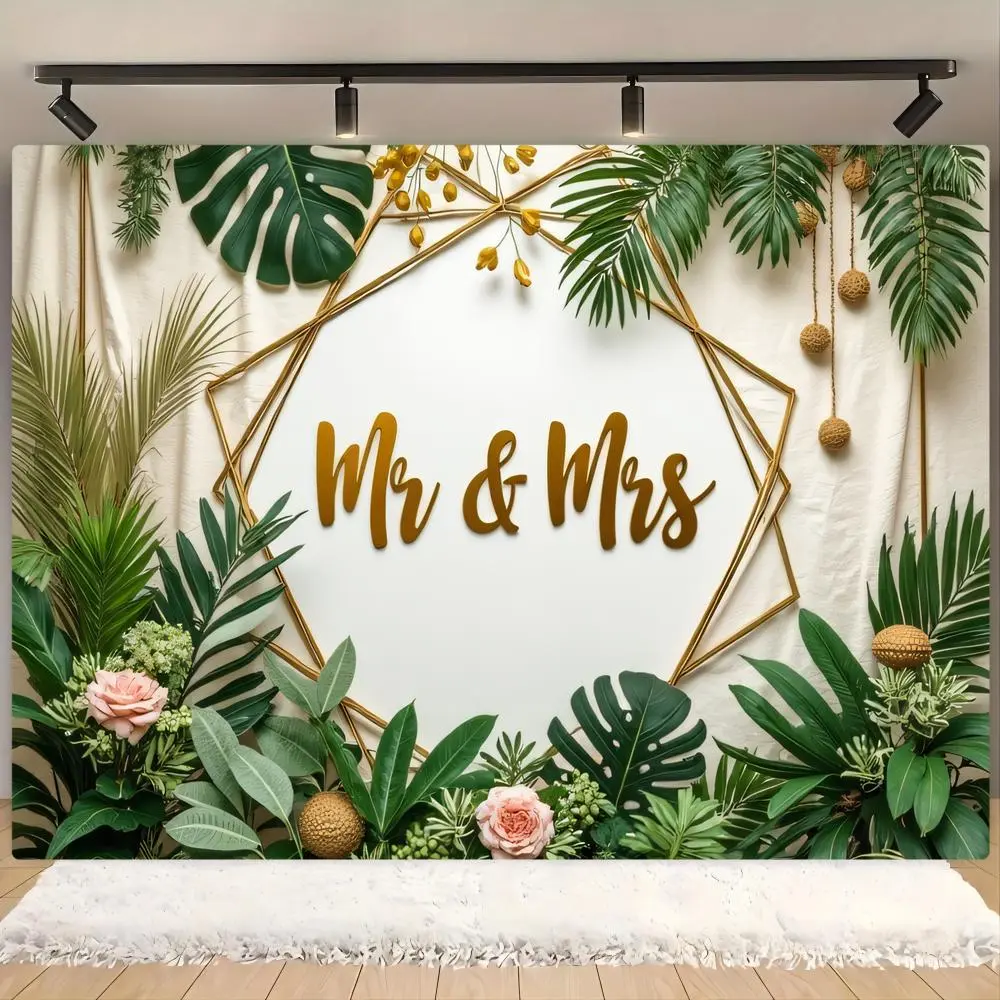 Mr & Mrs Letter Pattern Party Wedding Backdrop, Greenery Backdrop, Tropical Leaves Pattern Photo Props Background Cloth, Indoor & Outdoor Decoration Supplies, Banners