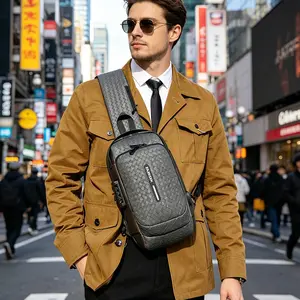 CuteCity New Men’s Woven Crossbody Chest Bag - PU Leather, Plain Multi-Function Design, Zippered Compartment, Combination Lock Anti-Theft, Premium Color-Block Diamond Grid Weave, for Casual Travel Sports