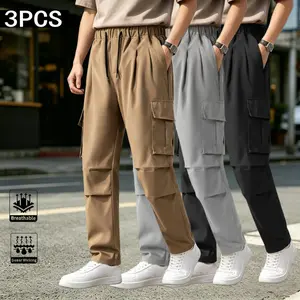 3-Pack Men's Khaki Relaxed Fit Cargo Pants, Elastic Waist Drawstring Casual Work Trousers with Multi Pockets, Breathable Streetwear Pants for Men, Versatile for Gym, Street, Outdoor, Daily Wear, All-Day Comfort, Budget-Friendly Trendy Utility Pants