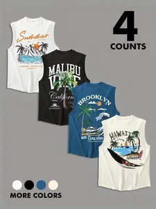 A Set of Four Summer Men'S Vests Featuring Tropical Plant Patterns, Offering a Comfortable And Stylish Option for Summer Wear, Perfect for The Beach And Outdoor Activities