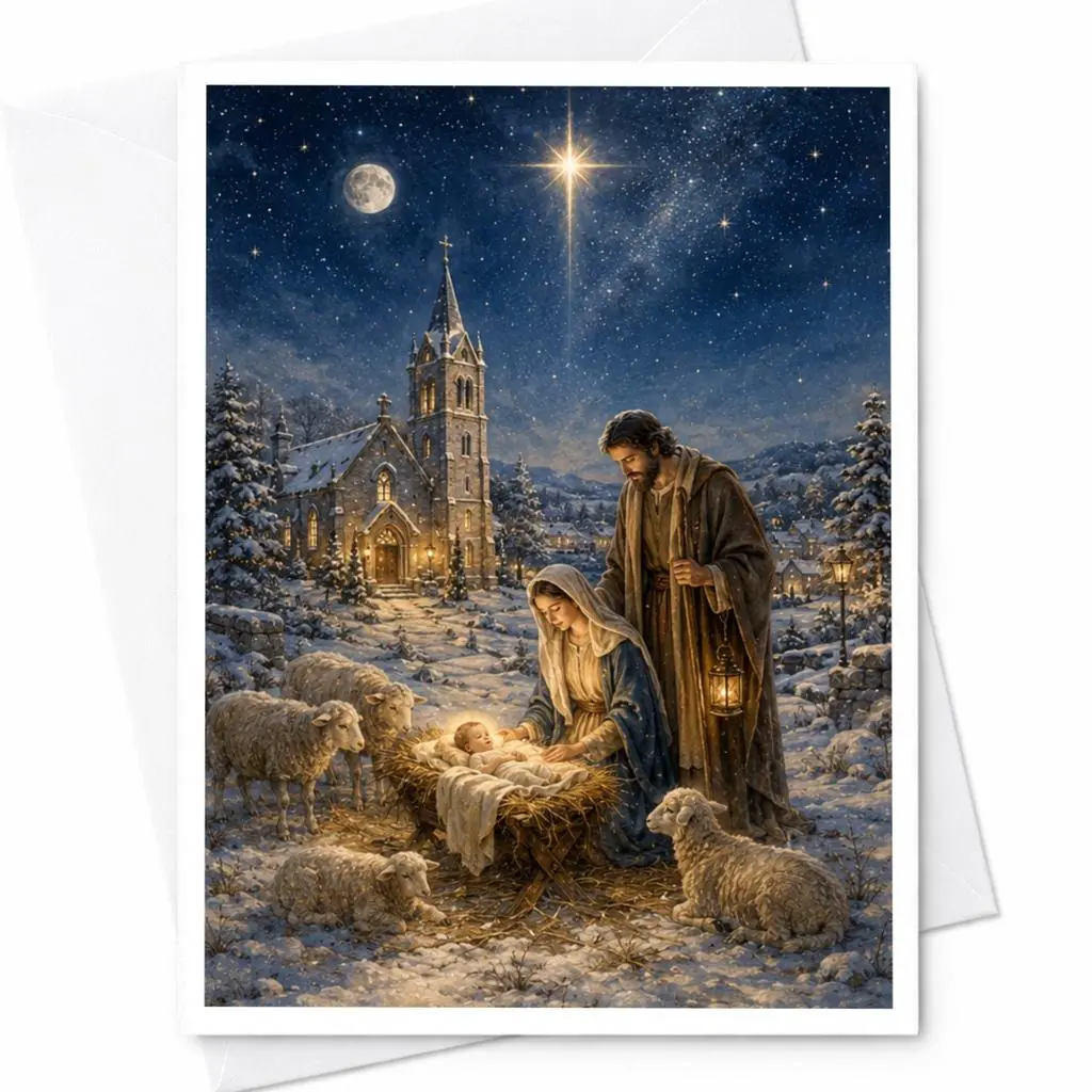 Nativity Scene Christmas Card Religious Holiday Greeting Card For Family Christian Christmas Card Holy Night Scene C5334