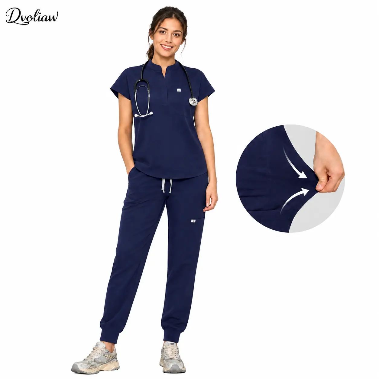 DVOLIAW Scrubs Set for Women – Convertible Stand Collar Top & Tapered Cargo Jogger Pants, 11 Pockets, Yoga Waistband, Soft Stretch Medical Uniform