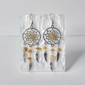 #594 Various Colors Dreamcatcher with Feathers & Beads Earrings, Casual Jewelry, Spiritual, Alloy, Stainless Steel Hooks