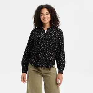 Women's Balloon Long Sleeve Lace Trim Button-Front Blouse - Universal Thread Black Floral L