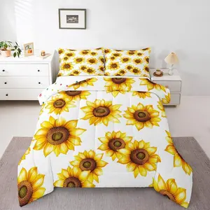 Sunflower Comforter Sets, 3D Floral Botanical Bedding,Yellow Flowers Insert Pastoral Sunflower Decor Bedroom Quilt Garden Bloom Down Duvet