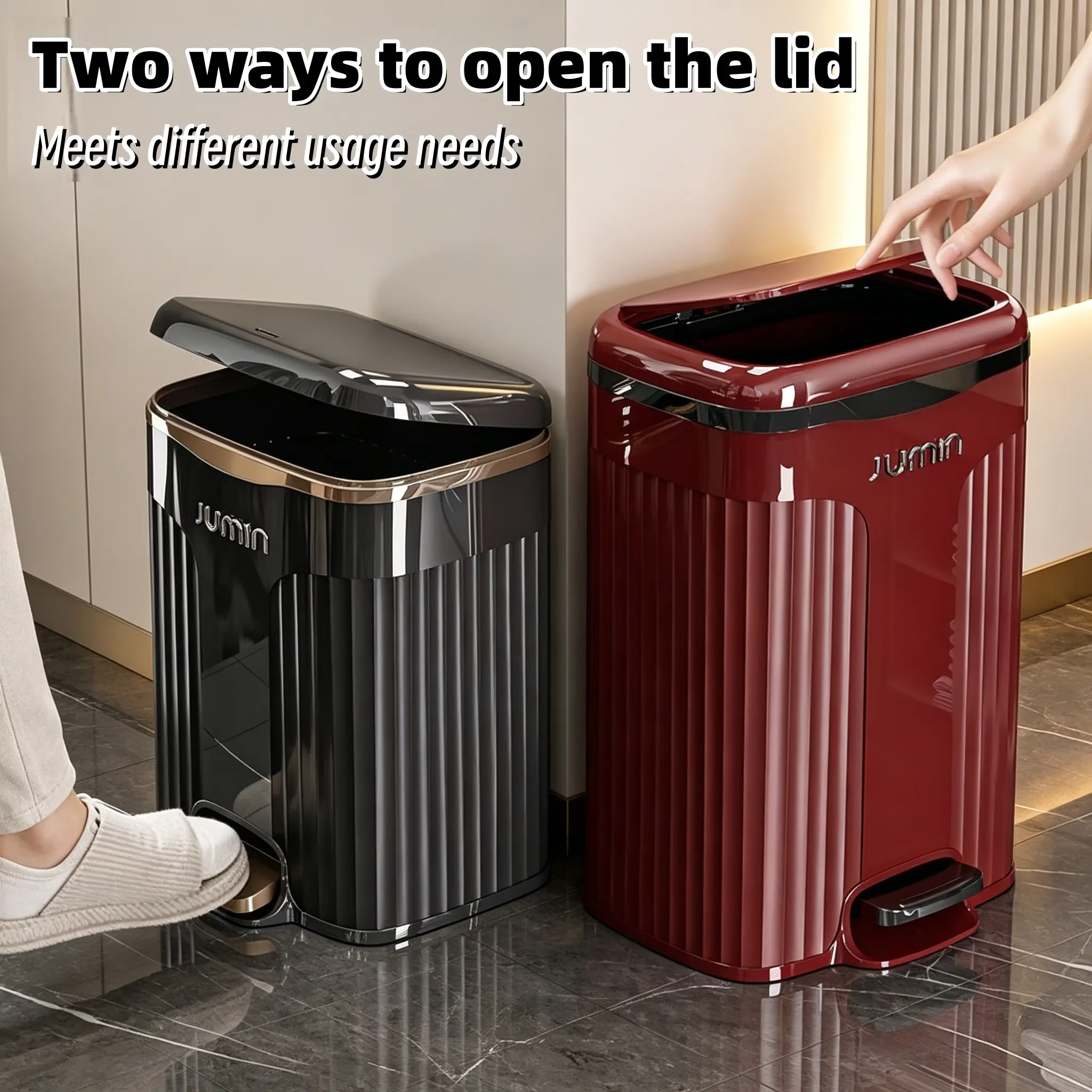 Slim Vertical Ribbed Pedal Trash Can with Dual Open Lid & Odor-Proof Sealed Cover – Step Garbage Bin with Quiet Close, Large Capacity Indoor Waste Basket for Bathroom, Bedroom, Kitchen & Living Room, Red & Black Available