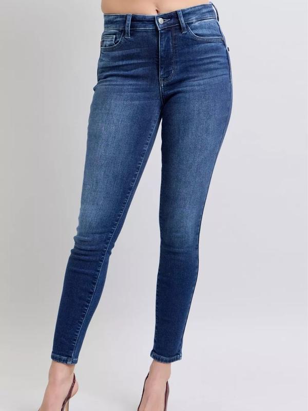 Judy Blue Mid Rise Dark Wash Brushed Thermal Skinny Jeans 82635, Stretchy Cotton Denim Womenswear Chic Casual Bottom