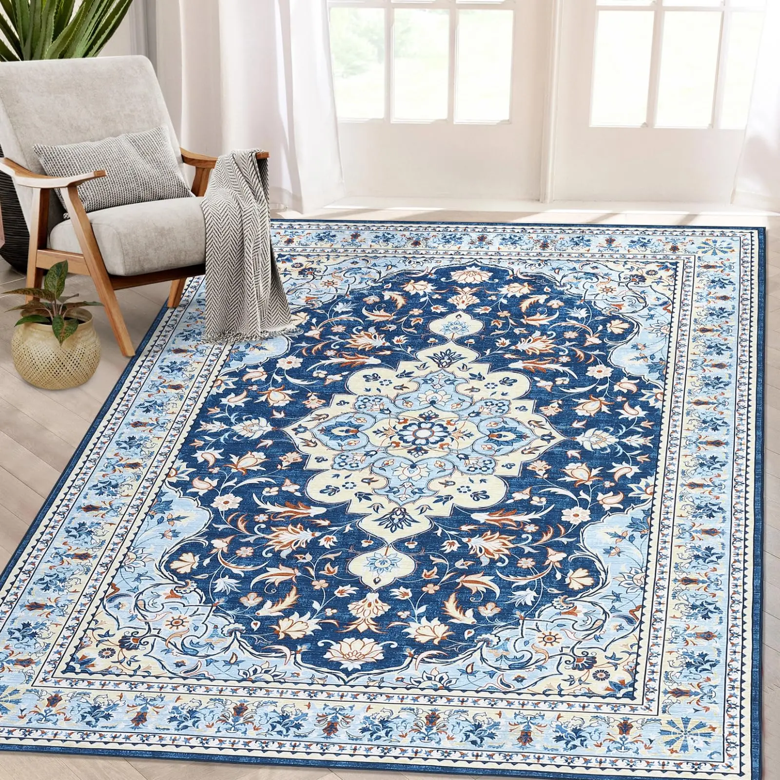 Vintage Look Rectangular Ornamental Single Piece Ultra-Thin Area Rug - Flat Base, Easy Install, Machine-Washable, Non-Slip, Stain-Resistant Carpet for Kitchen, Bedroom Indoor Furniture Decor