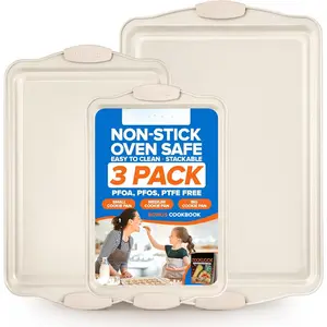 Baking Pan Set - Nonstick Coating, Carbon Steel Bakeware Set with White  Handle, PFOA, PFOS, PTFE Free, Recipe Booklet Included, Oven Safe Tray (Up To 450? F), Set of 3 - White