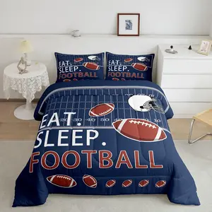 Rugby Comforter Set Twin Full Queen Size, Football Field Bedding Set, Sports Theme Ball Games Duvet Set with Pillowcase Room Decor Navy Blue Soft Cozy