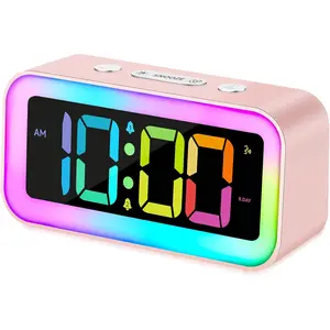 Cute Pink Loud Alarm Clock with RGB Night Light - Perfect for Girls Room Decor and Kawaii Gifts, Small Size for Bedside or Desk Lamp in Bedrooms, Ideal for Kids, Teens (Light Pink)