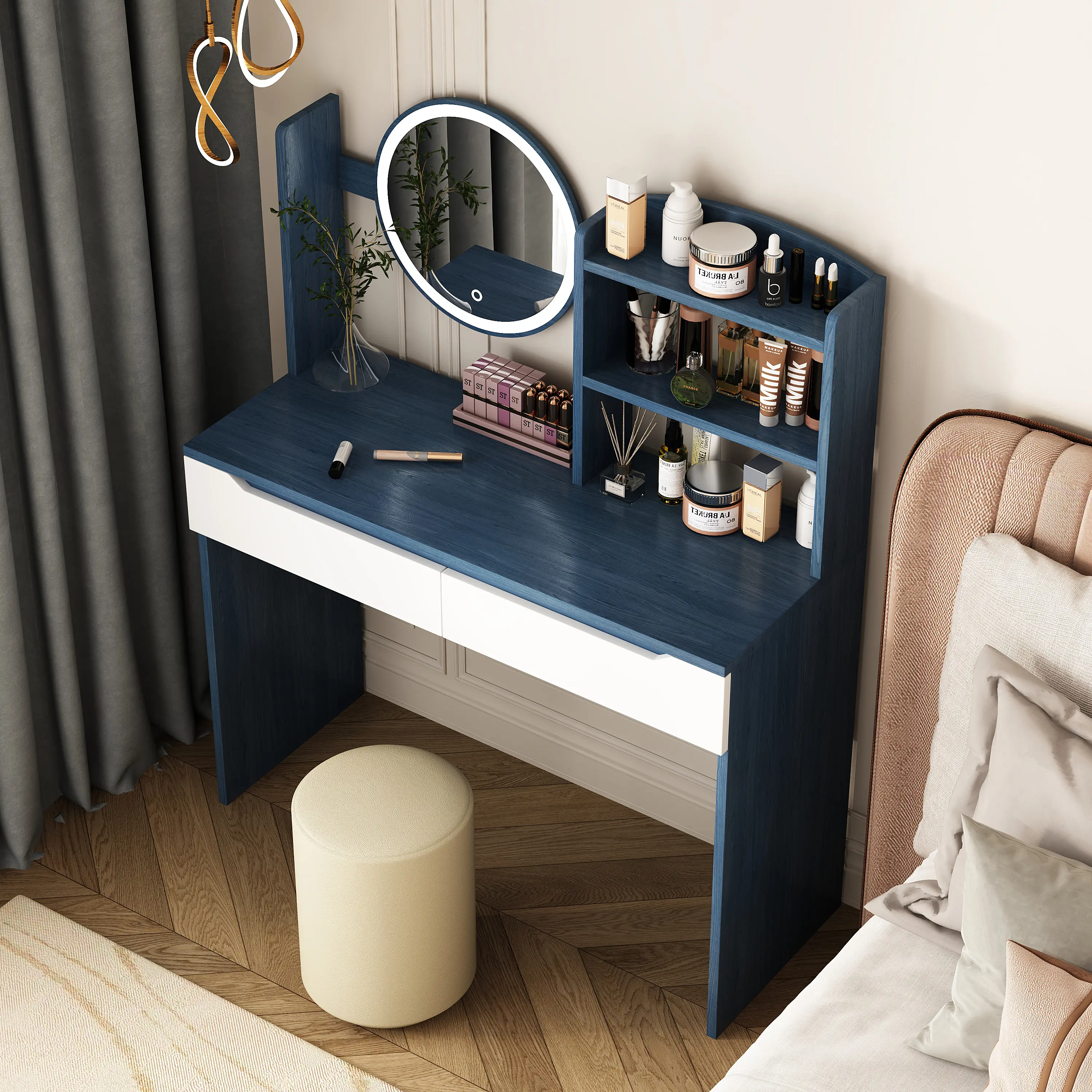 Table Set with HD Mirror Cushion Stool and Large Drawers Mini Makeup Dressing Desk Furniture for Apartment Bedroom/Girls Gift Blue spacesaving vanity black stable tiktok shop
