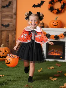 Halloween Kids Mesh Dress Set Girls Witch Pumpkin Shawl Cape Two-Piece Party Style Fitted Floral Pattern All Seasons Wear