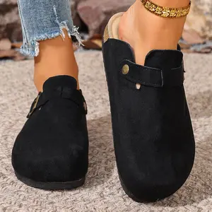 Women's Soft Suede Slip-On Mules Retro Clogs Slippers with Adjustable Buckle Indoor Outdoor Shoes Springfresh