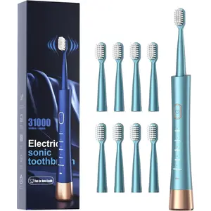 USB Rechargeable Sonic Electric Toothbrush for Adults, Powered Motor High Vibration Teeth & Gum Care, Soft Dupont Brush Heads, 2 Minutes Timer 5 Modes, Green