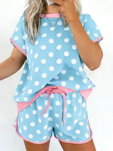 Women's Two Piece Short Set Sky Blue Polka Dot Lounge Set Summer Outfits Contrast Trim Short Sleeve Top and Shorts Set Soft Knit Pajamas for Casual Beach Vacation