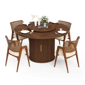 55-inch round dining table for six, featuring a double-tiered storage rack and a rotating tabletop tray. Wooden wavy-striped sliding doors. Ideal for home dining room living room