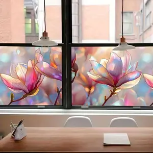 Vintage Colorful Magnolia Static Adhesive Window Film, Privacy Enhancer for Bedroom Living Room Kitchen Windows, Removable Glass Sticker