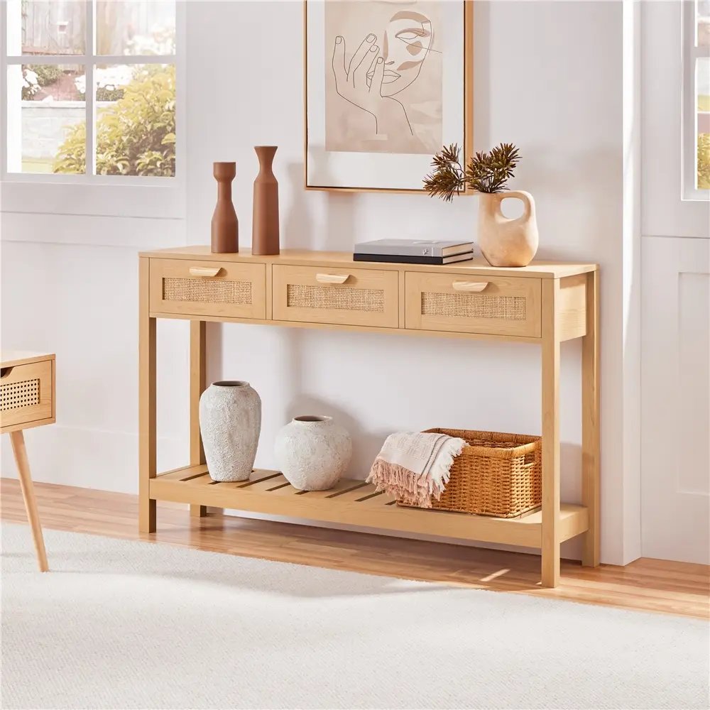 Yaheetech Rattan Console Table, Boho Natural Tone Entryway Table with 3 Storage Drawers and Shelf, Narrow Long Sofa Table for Living Room Hallway