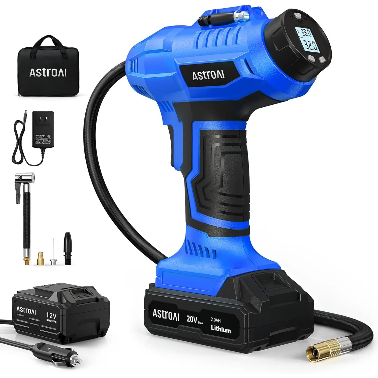 Astroai Cordless Tire Inflator Air Compressor 20V Rechargeable Battery Powered 160PSI Portable Handheld Air Pump with 12V Car Power Adapter Digital Pressure Gauge for Cars Motorcycles Blue AstroAI