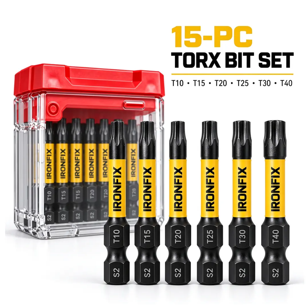 Ironfix 15-PC Torx Bit Set T10 T15 T20 T25 T30 T40 S2 Precision Screwdriver Bits for DIY and Professional Use