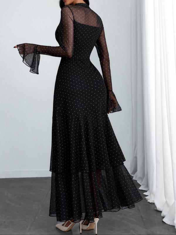 Women's Romantic Polka Dot Split Mesh Patchwork Layered Elegant Flared Skirt Dress, Fitted Style, All Seasons, No Waistband Included Women's Romantic Polka Dot Split Mesh Patchwork Layered Elegant Flared Skirt Dress, Fitted Style, All Seasons, No Waistband Included
