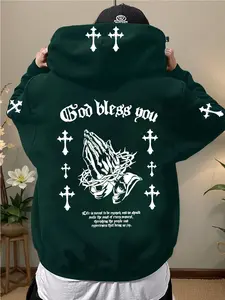 Men's Cross & Prayer Hands Print Hoodie, Regular Fit Casual Religious Style Long Sleeve Hooded Sweatshirt for Daily Wear, Men's Clothes for All Seasons, Tops