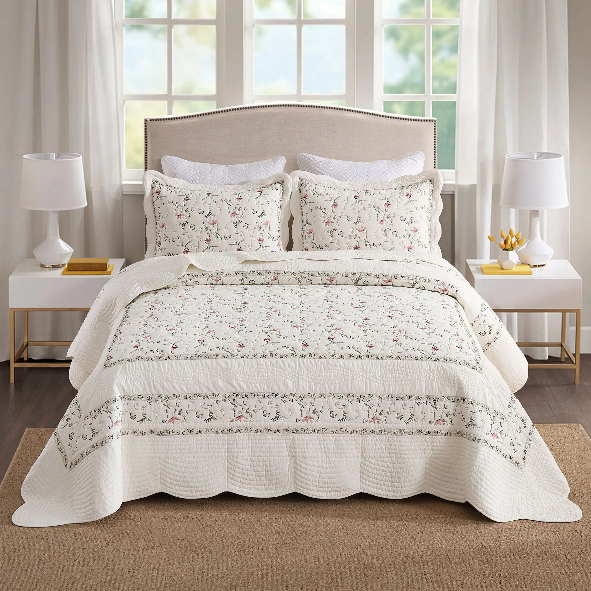 3-Piece 100% Cotton Embroidered Breathable Quilt Bedspread Set - Rustic Floral Farmhouse Bedding Set, Wrinkle Resistant for Home Decor