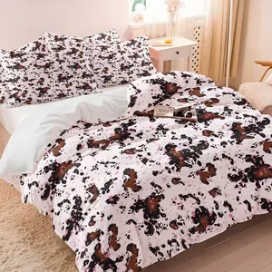 Sweet Cool Cow Print Duvet Cover Set, 1 Duvet Cover and 1-2 Coreless Pillowcases, White Base with Brown Black Pink Color Cow Prints, Soft Comfortable Sweet and Cool, Lively Women's Bedroom Decor Gift