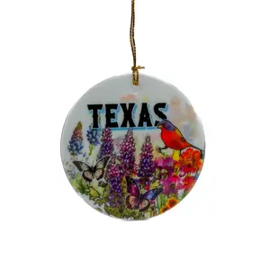 Texas Bluebonnet Ceramic Round Ornament with Colorful Floral Design and Bird Motif Featuring Texas Text and Butterfly Artwork