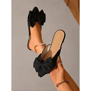 Women's Casual Bow Flat Mule Slippers, Pointed Toe Satin Wedding Shoes, Fashion Versatile Bridal Flats, Outdoor Lazy Summer SandalsRAIMENTRY
